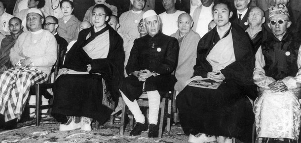 The Dalai Lama and Panchen Lama with the Indian Prime Minister Nehru and Burmese Prime Minister U Nu in 1956 in India