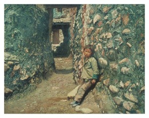 Tsering Dhondup's Oil Painting: A boy at Sakya Monastery  