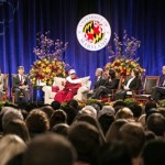 His Holiness the Dalai Lama and University of Maryland President Dr Wallace Loh with the University of Maryland mascot Terrapin in College Park, Maryland on May 7, 2013. Photo/Jeremy Russell/OHHDL