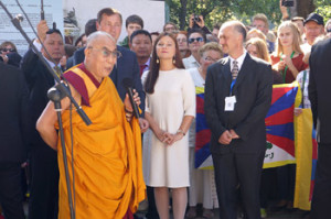 His Holiness the Dalai Lama speaking during his visit to Tibet Square in Vilnius, Lithuania on September 12, 2013. Photo/Jeremy Russell/OHHDL