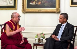 His Holiness the Dalai Lama with President Barack Obama during their meeting in the Map Room of the White House in Washington DC on February 21, 2014. (Official White House Photo by Pete Souza)