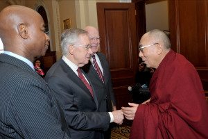 His Holiness the Dalai Lama greeting Senate Chaplain Barry Black, Senate Majority Leader Harry Reid (D-NV) and Senator Patrick Leahy (D-VT) on his arrival at Capitol Hill in Washington DC on March 6, 2014. Photo/Sonam Zoksang 