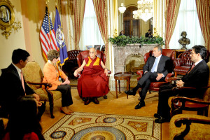 House Minority Leader Nancy Pelosi, His Holiness the Dalai Lama and Speaker of the House John Boehner during their meeting in the Speaker's ceremonial office on Capitol Hill in Washington DC on March 6, 2014.