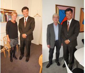 (From left) Sikyong with Ms. Mette Bock, foreign affairs spokesperson for the Liberal Alliance, member of the Foreign Affairs Committee and the Foreign Policy Committee and Mr Holger K. Nielsen, Socialist People’s Party, former Foreign Minister (for 6 weeks only), foreign affairs spokesperson, member of the Foreign Affairs Committee and the Foreign Policy Committee in Denmark on 20 May 2014
