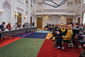 His Holiness the Dalai Lama meeting with members of the Dutch Parliament Foreign Affairs Committee and other MPs at the Dutch Parliament (Tweede Kamer) in the Hague, Holland on May 12, 2014. Photo/Jeremy Russell/OHHDL
