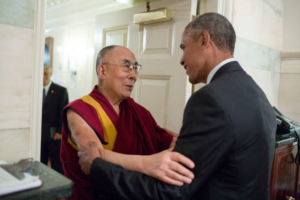 President Barack Obama greets His Holiness the Dalai Lama at the entrance of the Map Room of the White House, June 15, 2016. (Official White House Photo by Pete Souza)  This official White House photograph is being made available only for publication by news organizations and/or for personal use printing by the subject(s) of the photograph. The photograph may not be manipulated in any way and may not be used in commercial or political materials, advertisements, emails, products, promotions that in any way suggests approval or endorsement of the President, the First Family, or the White House.