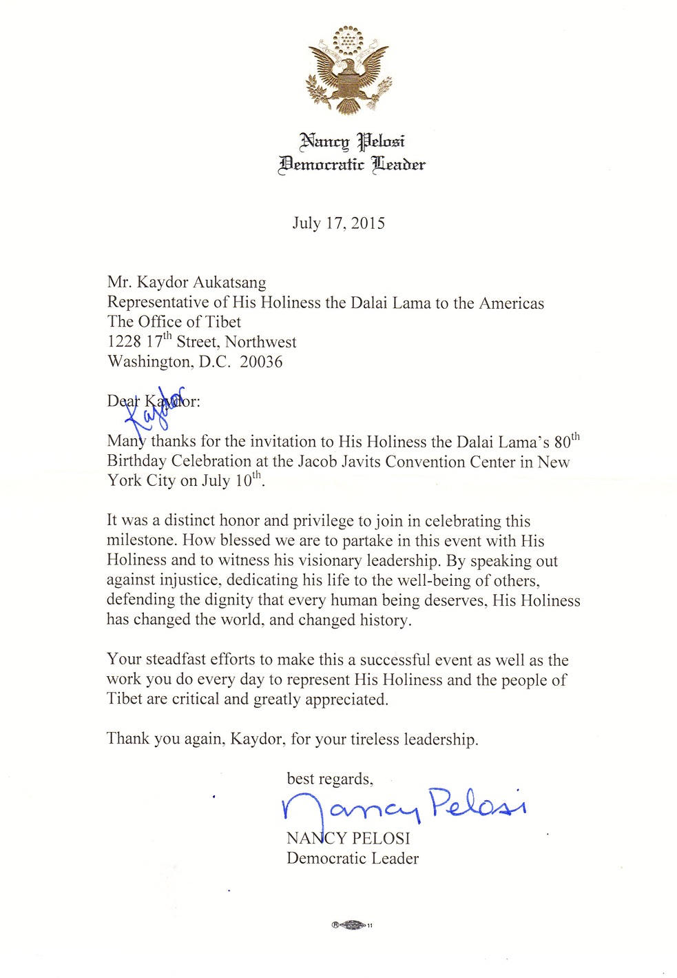 Thank you letter from Leader Nancy Pelosi
